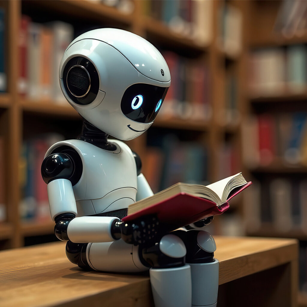 AI robot reading a book in a library, representing learning and artificial intelligence in digital marketing