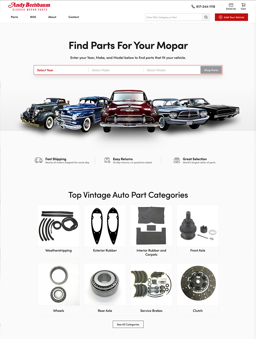 Website redesign for Andy Bernbaum Auto Parts showcasing ecommerce layout for vintage Mopar parts