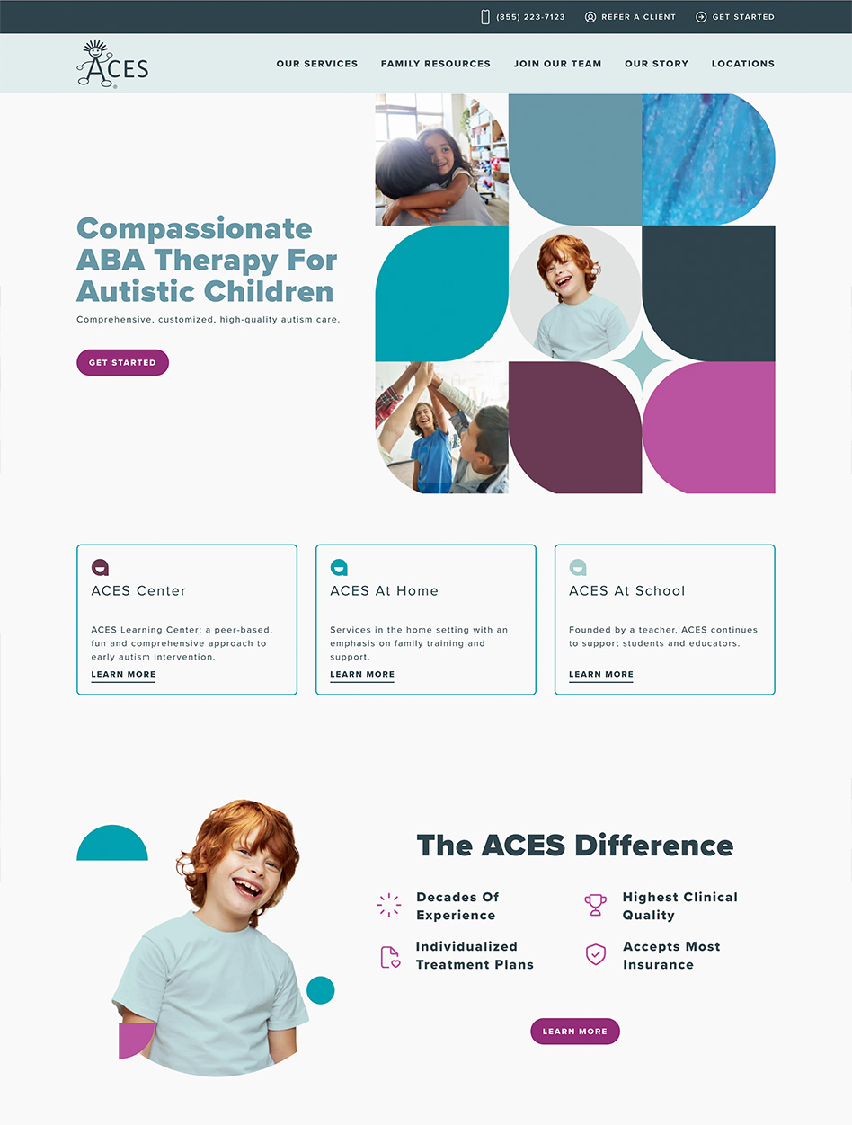Website design for ACES ABA featuring a clean layout, child-friendly visuals, and information on autism therapy services