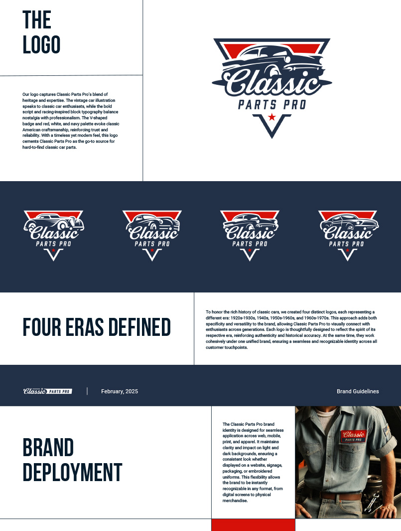 Brand identity design for Classic Parts Pro featuring logo development, typography, and visual guidelines for classic car parts